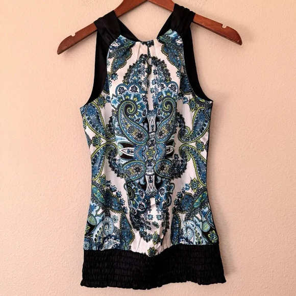 Studio Y Blouse Top Juniors Size XS Blue/White Halter Style Tie Back Key Hole - Picture 5 of 12